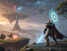 Hero character looking at magical portal